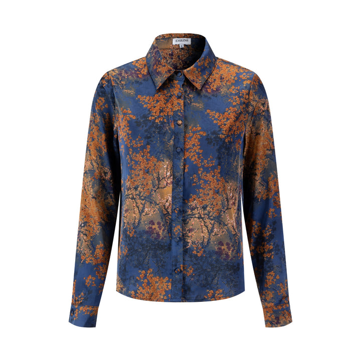 Blue And Orange Printed Satin Blouse