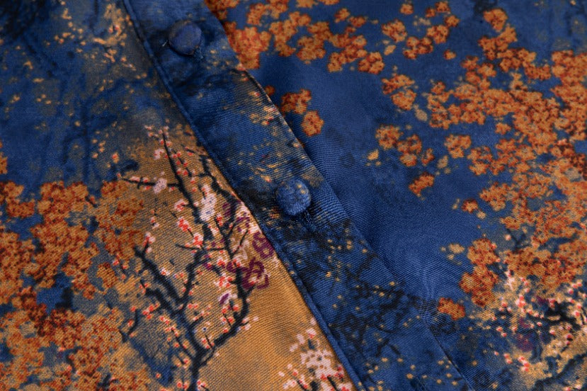 Blue And Orange Printed Satin Blouse