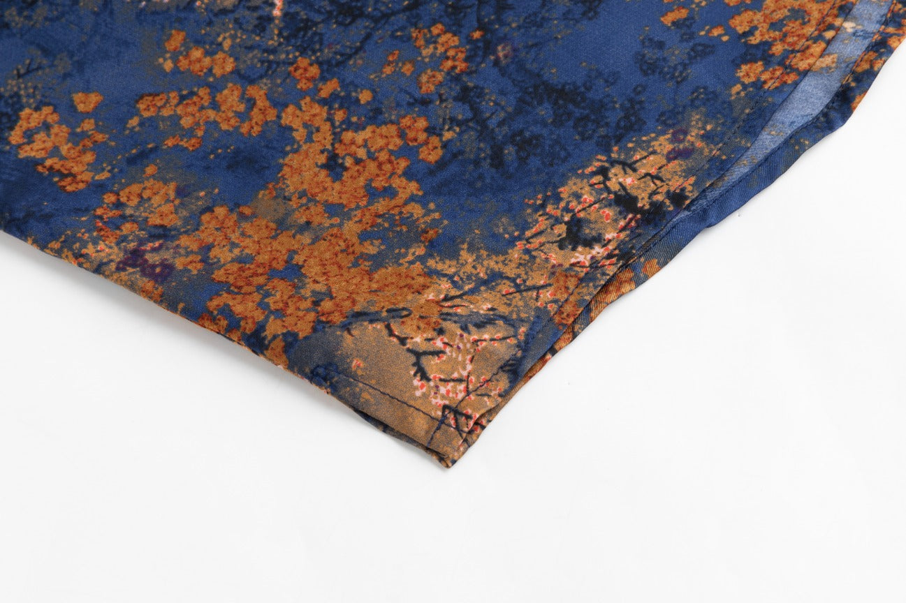 Blue And Orange Printed Satin Blouse