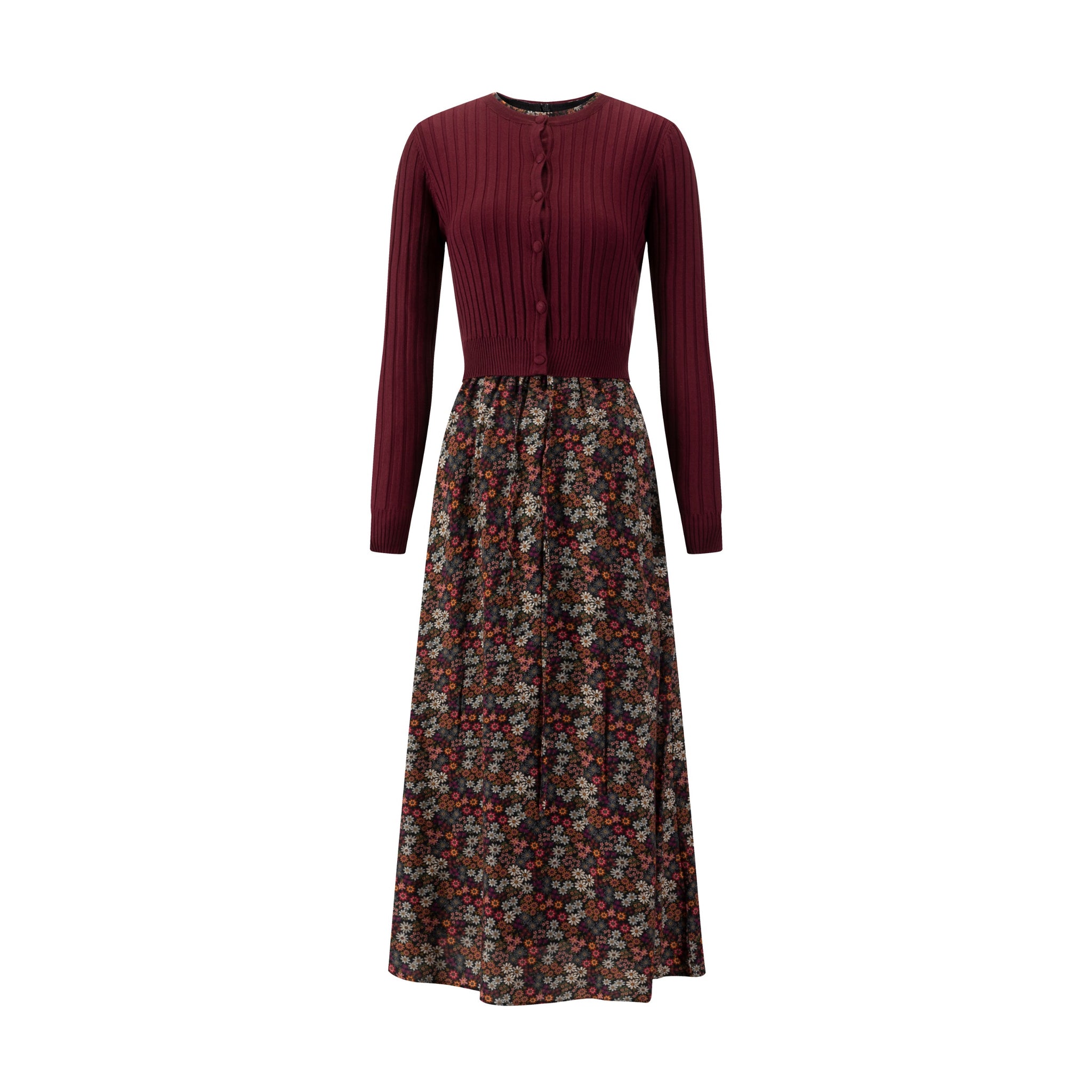 Multicolored Floral Dress With Rust Brown Cardigan