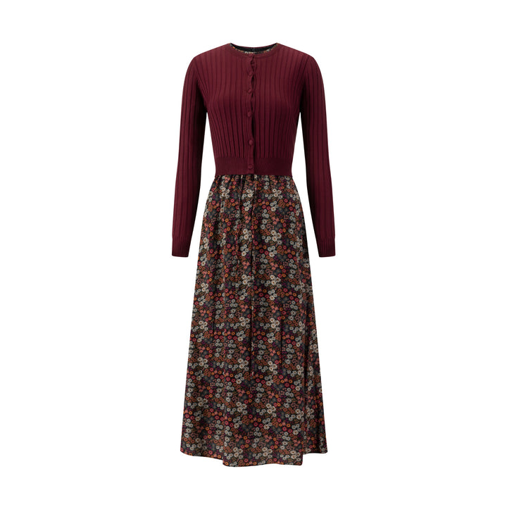 Multicolored Floral Dress With Rust Brown Cardigan