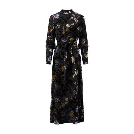 Black Thin Corduroy Butterfly Printed Dress