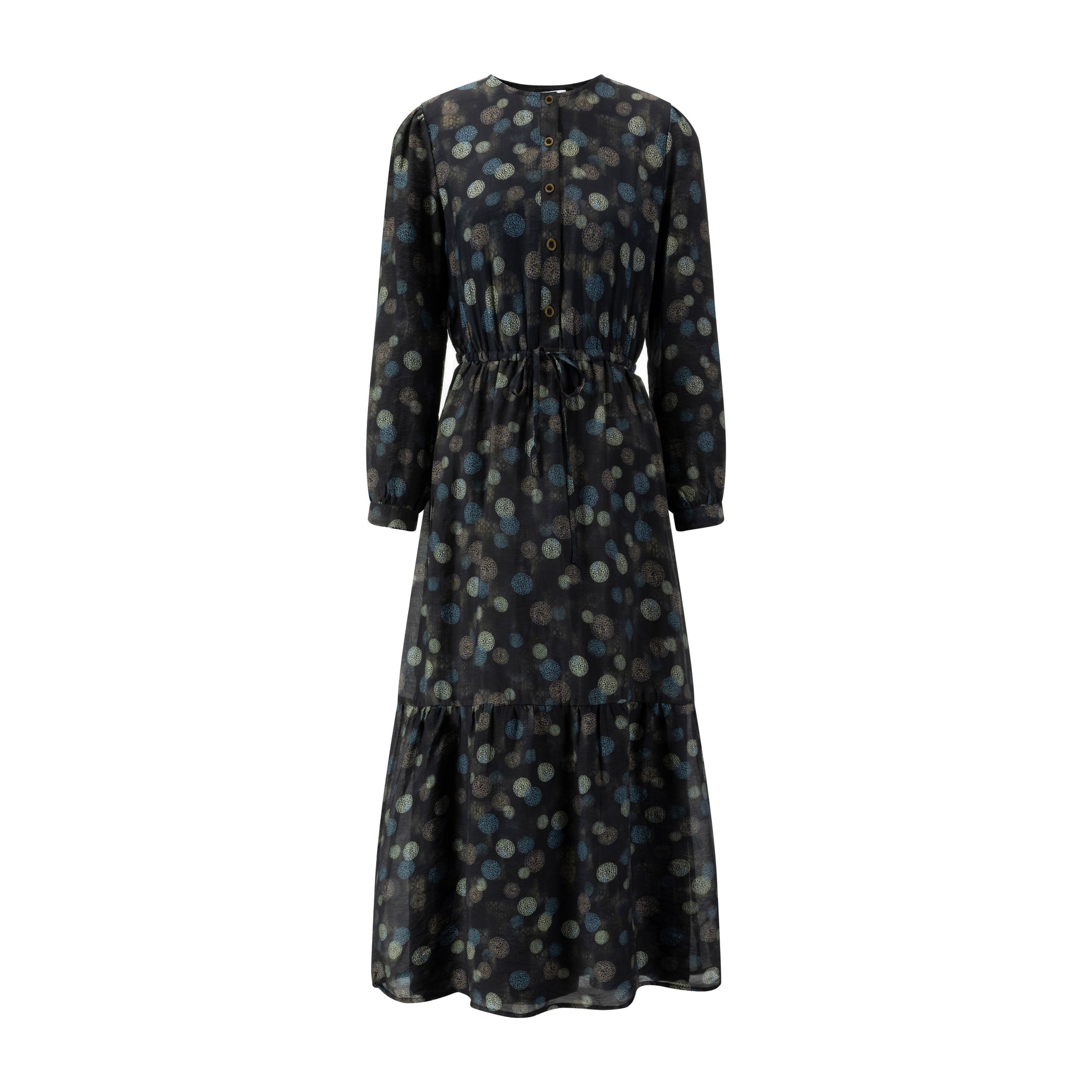 Blue Brown Multicolored Drawstring Tiered Dress
