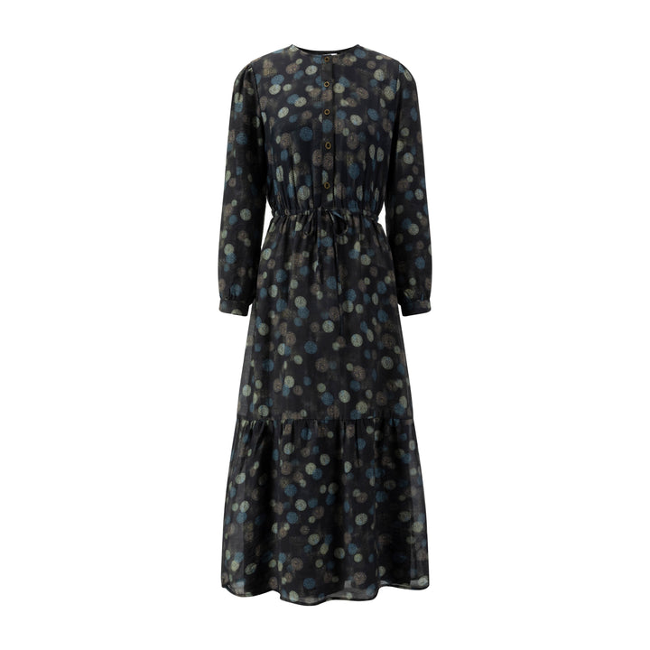 Blue Brown Multicolored Drawstring Tiered Dress