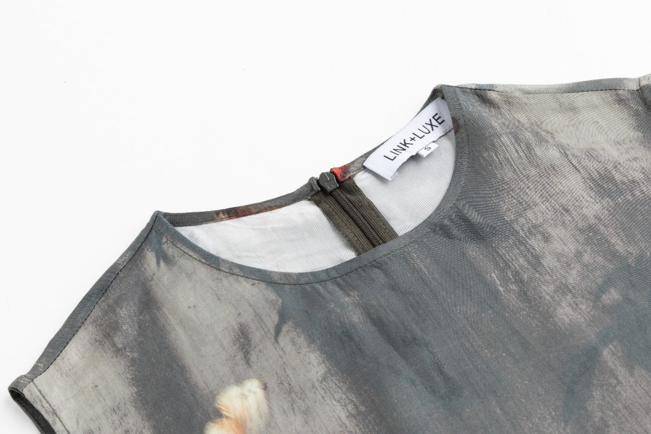 Grey And Orange Abstract Overlay Dress