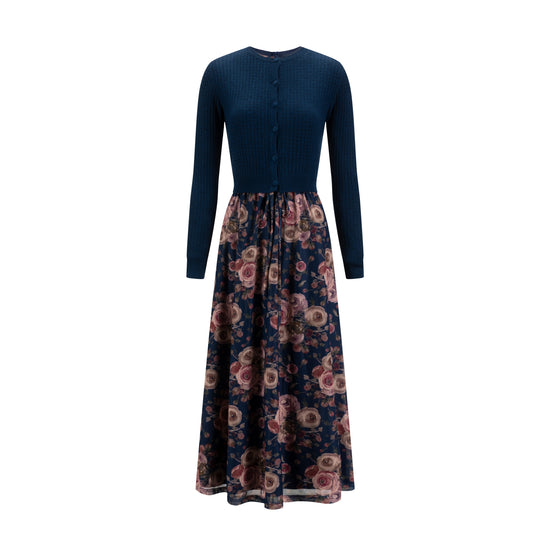 Blue Floral Mesh Dress With Knit Cardigan Overlay