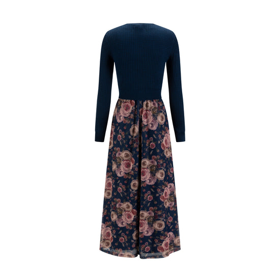Blue Floral Mesh Dress With Knit Cardigan Overlay