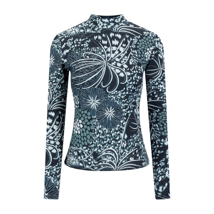 Grey And Blue Printed Mock Neck Top