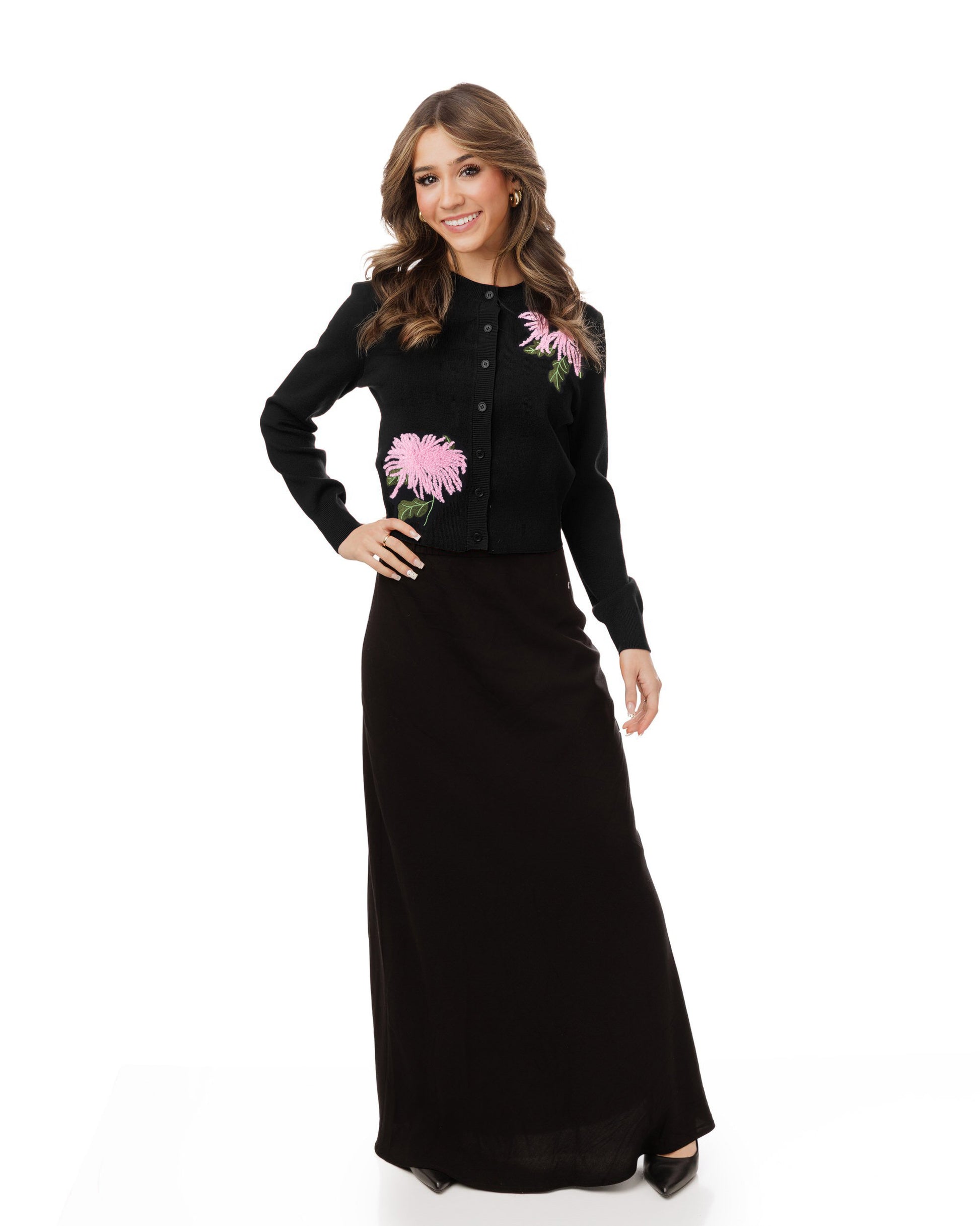 Burgundy Knit Cardigan With Pink And Green Embroidery