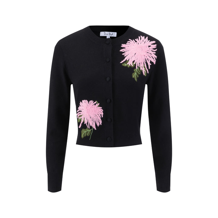 Burgundy Knit Cardigan With Pink And Green Embroidery