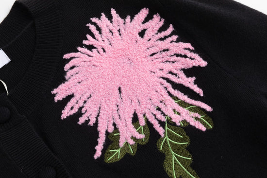 Burgundy Knit Cardigan With Pink And Green Embroidery