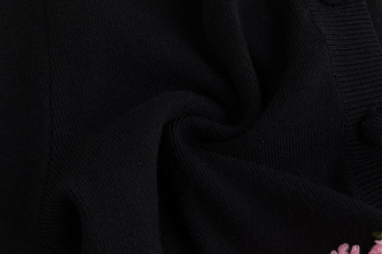 Burgundy Knit Cardigan With Pink And Green Embroidery