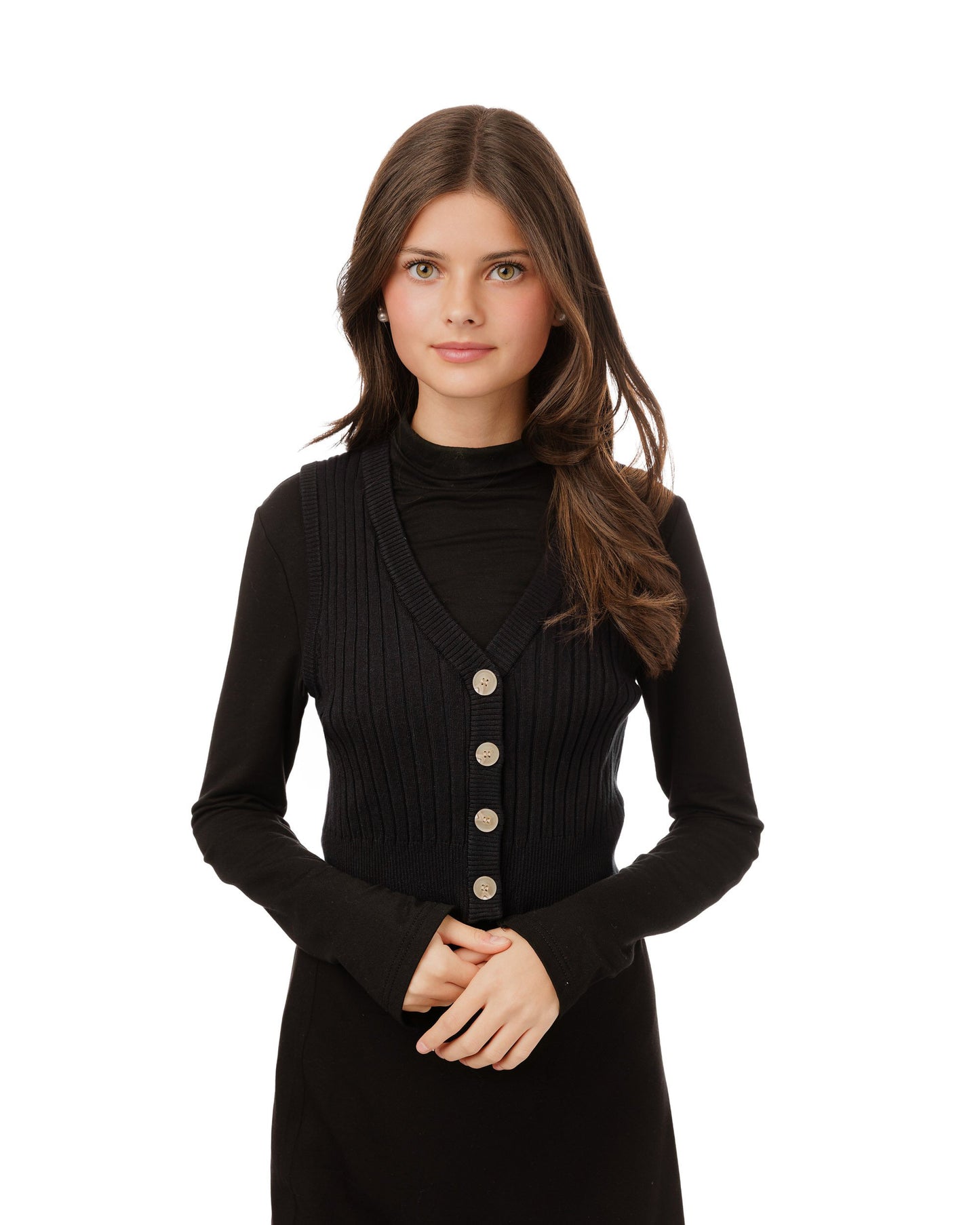Ribbed Vest Wooden Buttons - Black