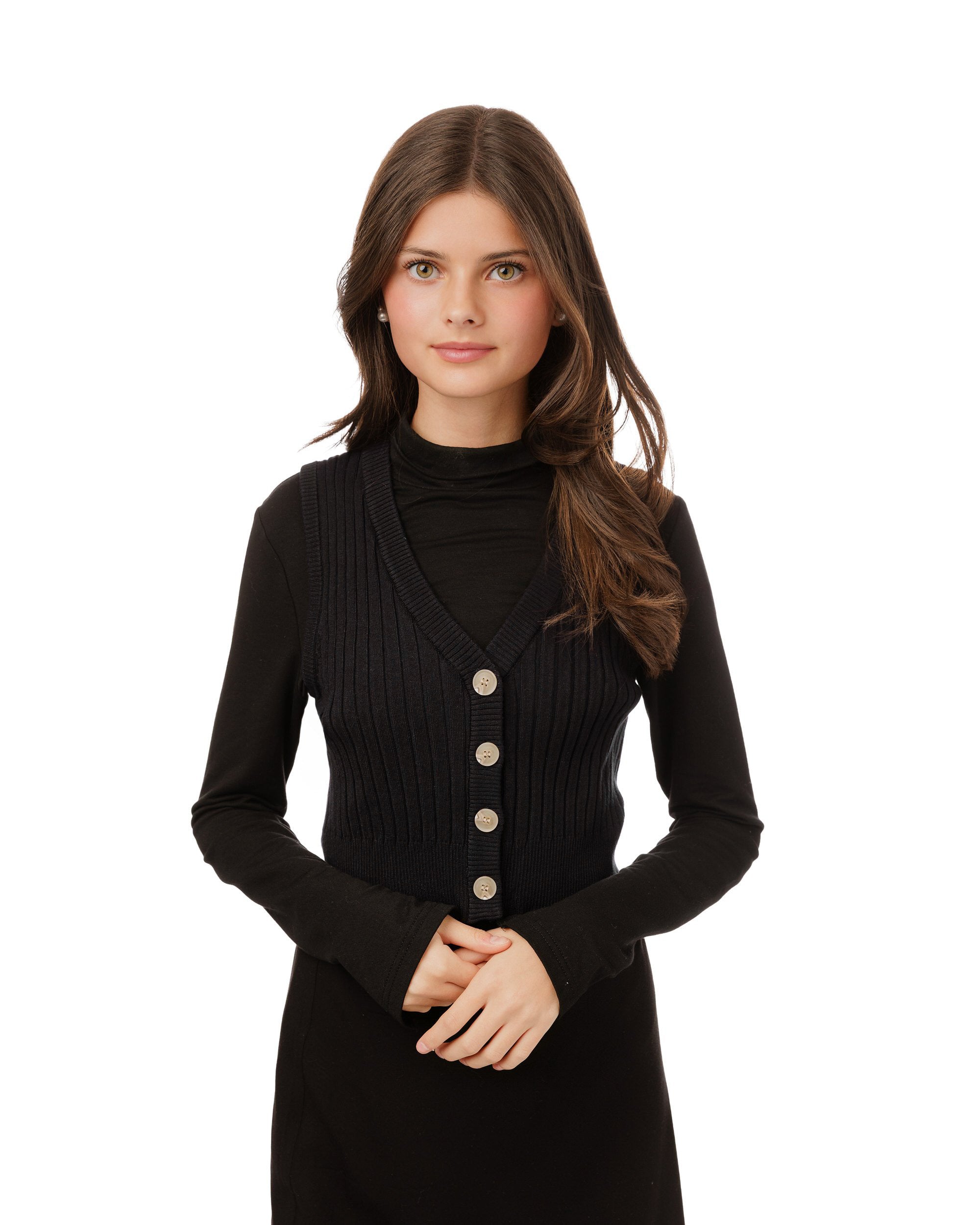 Ribbed Vest Wooden Buttons - Black