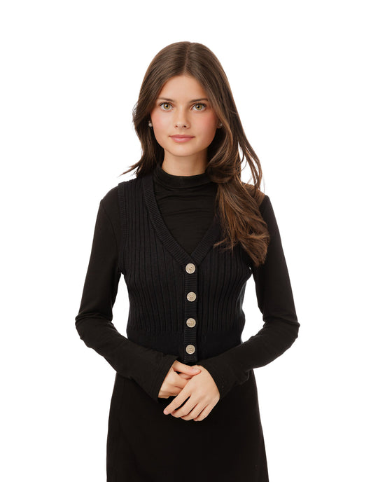 Ribbed Vest Wooden Buttons - Black