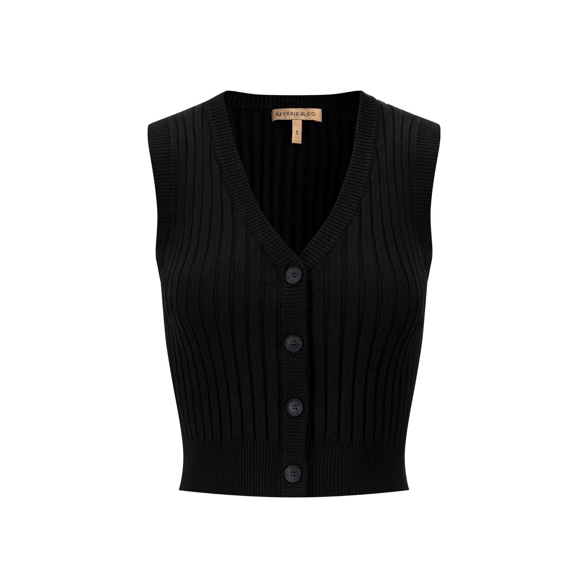Ribbed Vest Wooden Buttons - Black