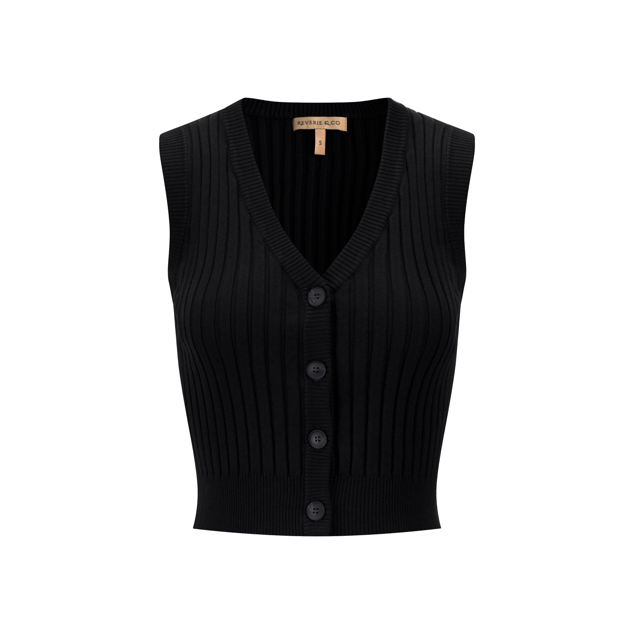 Ribbed Vest Wooden Buttons - Black