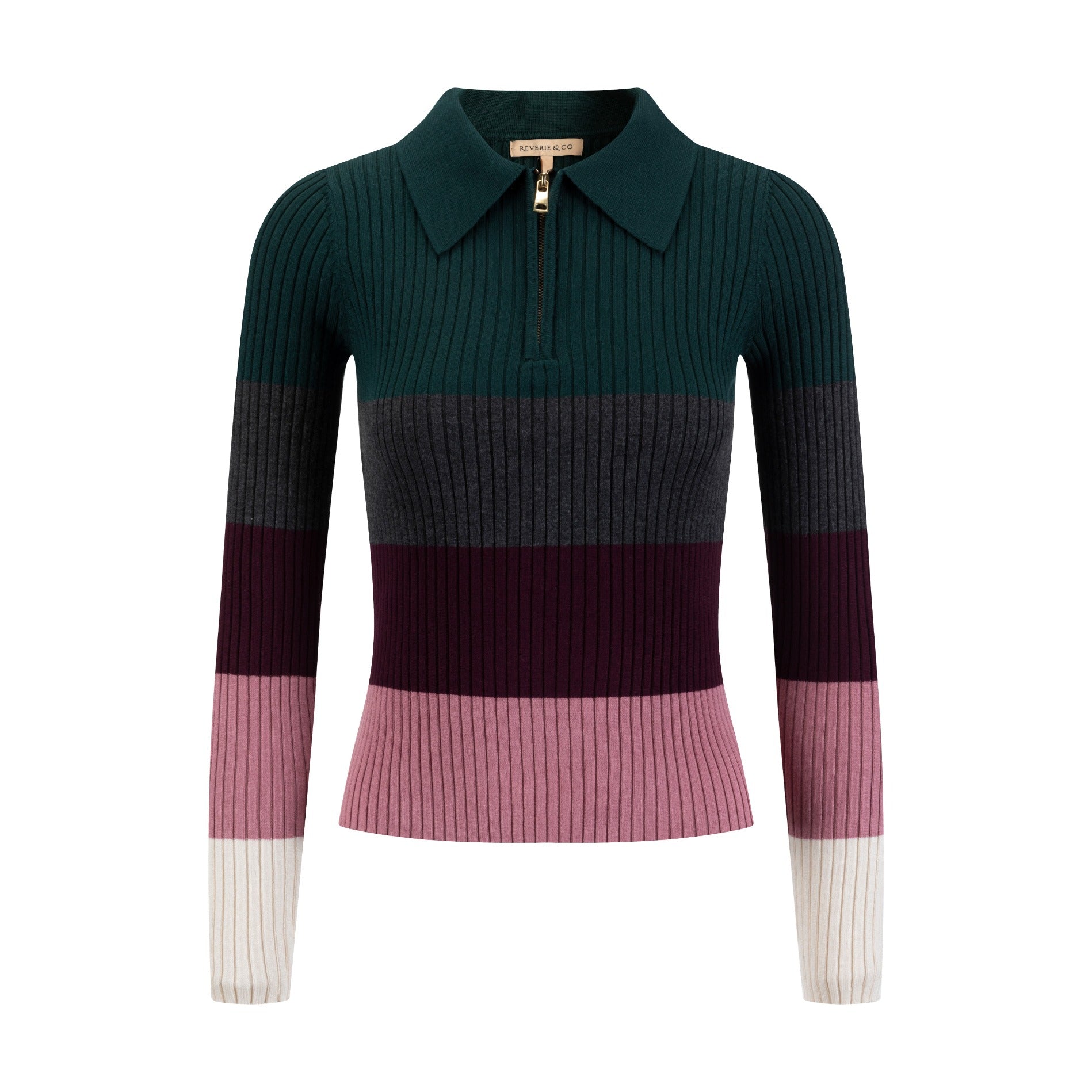 Multi Colored Striped Knit Shirt With Zipper - Burgundy