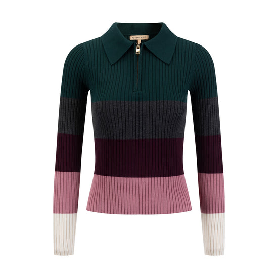 Multi Colored Striped Knit Shirt With Zipper - Burgundy