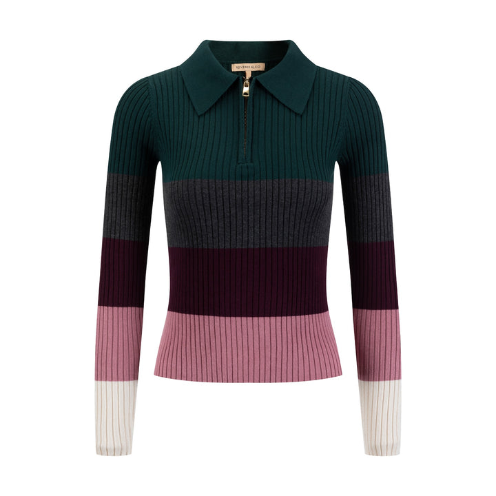 Multi Colored Striped Knit Shirt With Zipper - Burgundy