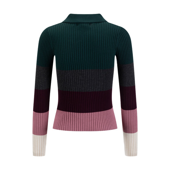 Multi Colored Striped Knit Shirt With Zipper - Burgundy
