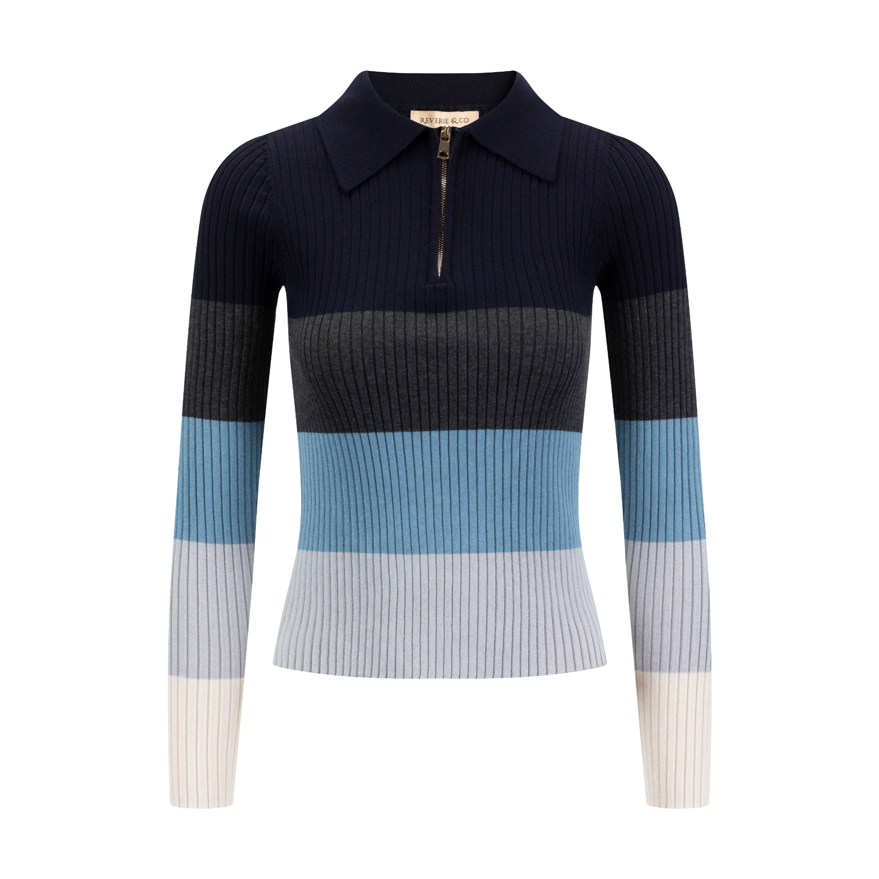 Multi Colored Striped Knit Shirt With Zipper - Navy