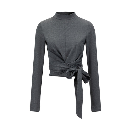 Mock Neck Paneled Wrap Top - Dark Heather Grey