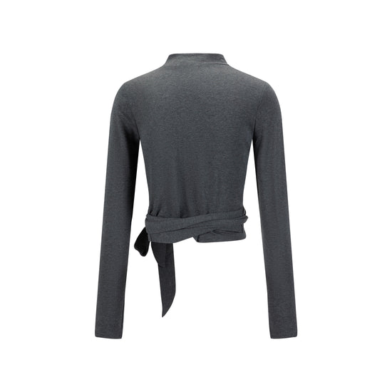 Mock Neck Paneled Wrap Top - Dark Heather Grey
