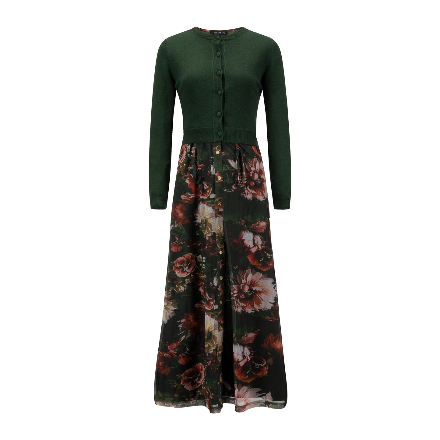 Green Floral Dress With Green Knit Cardigan