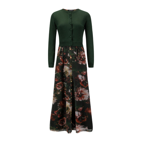 Green Floral Dress With Green Knit Cardigan