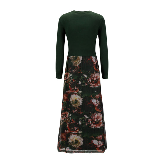 Green Floral Dress With Green Knit Cardigan