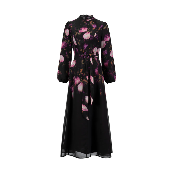 Black And Purple Floral Chiffon Dress
