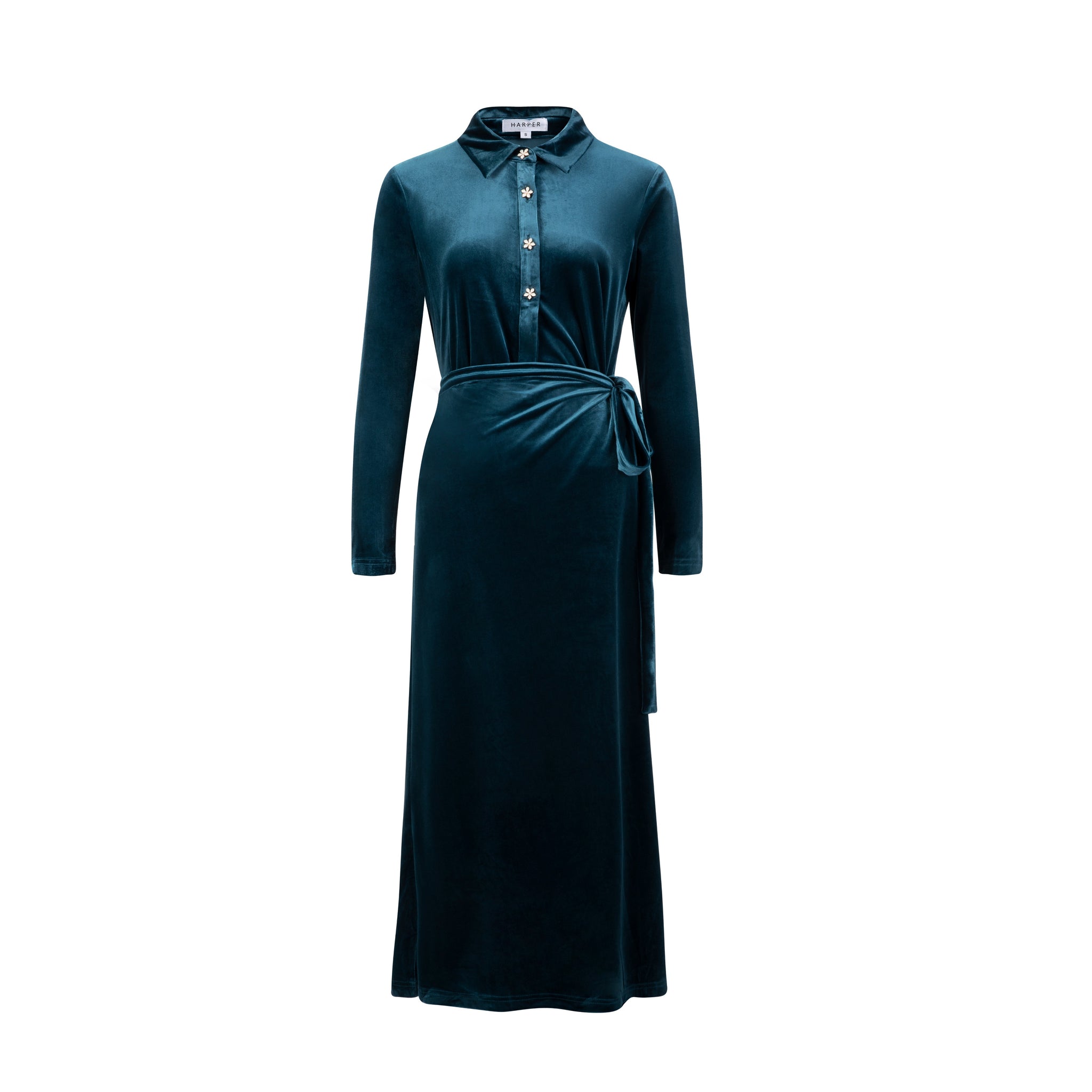 Teal Velvet Dress With Floral Button Detail