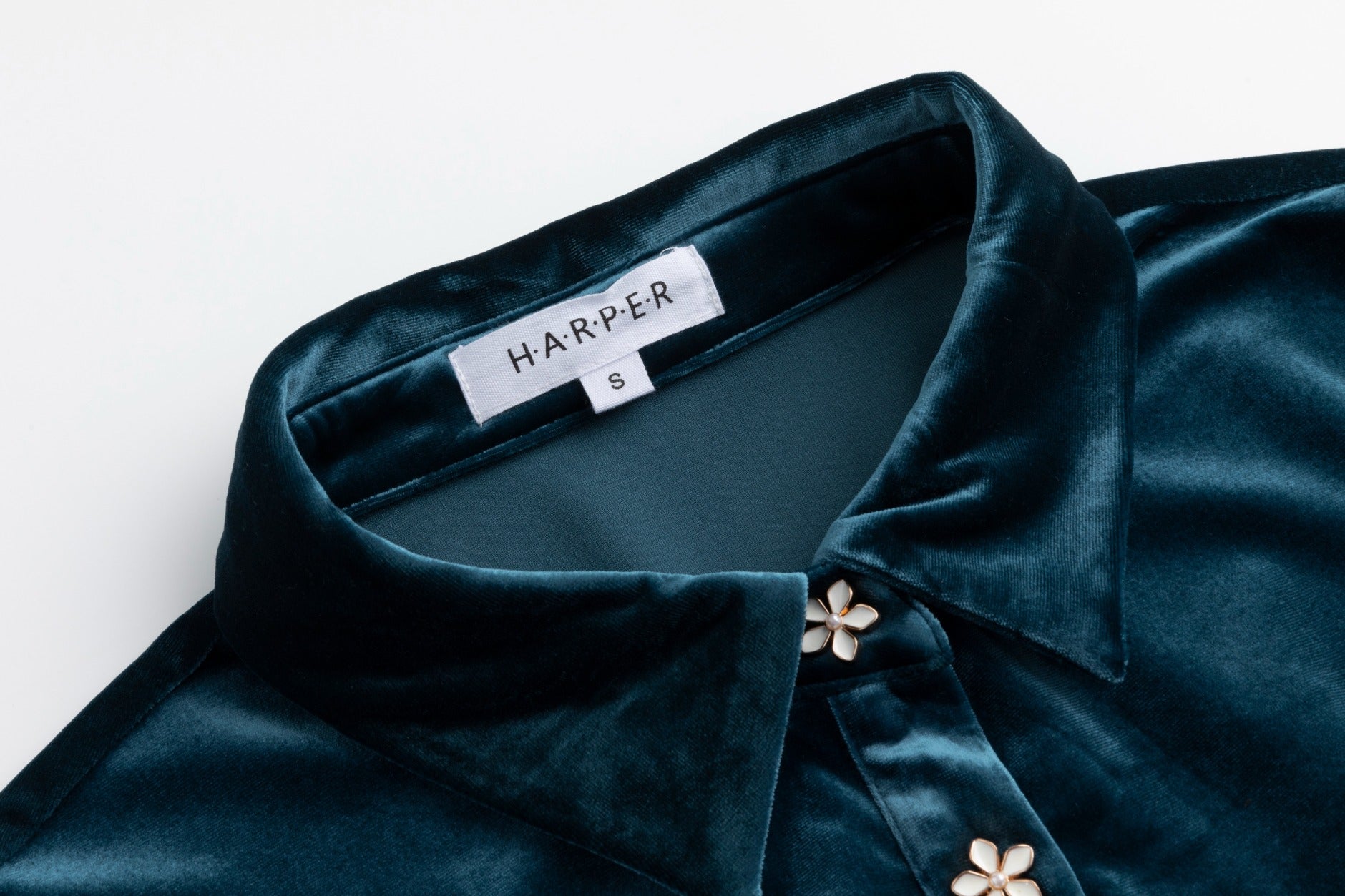 Teal Velvet Dress With Floral Button Detail