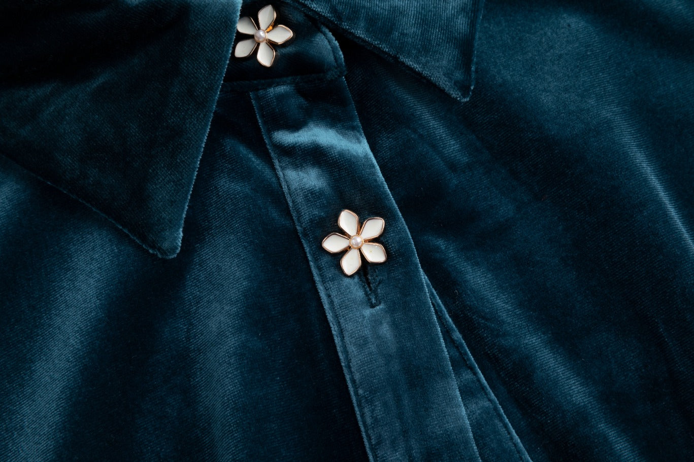Teal Velvet Dress With Floral Button Detail