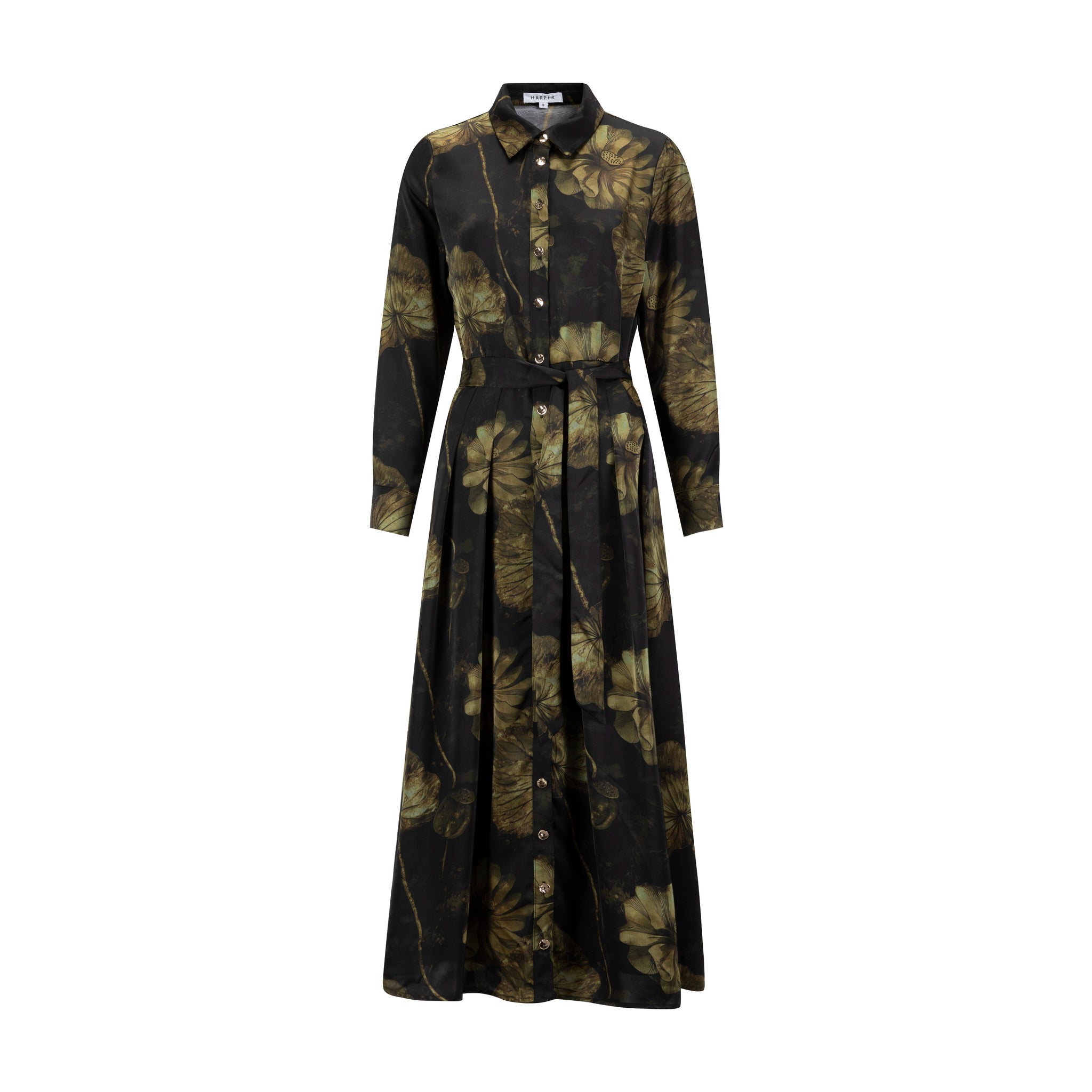 Black And Gold Floral Pleated Dress