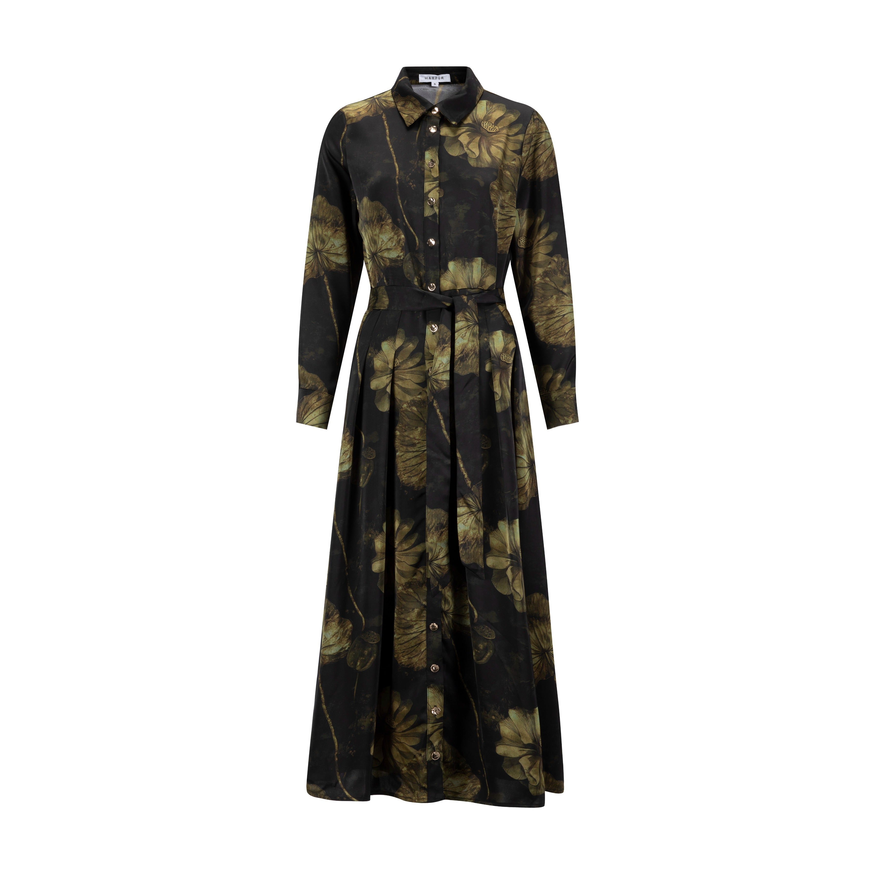 Black And Gold Floral Pleated Dress