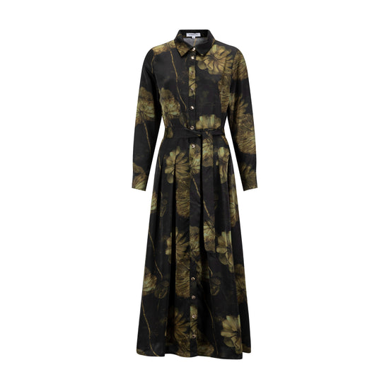 Black And Gold Floral Pleated Dress