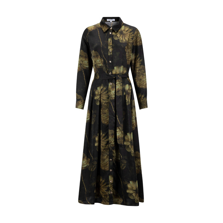 Black And Gold Floral Pleated Dress