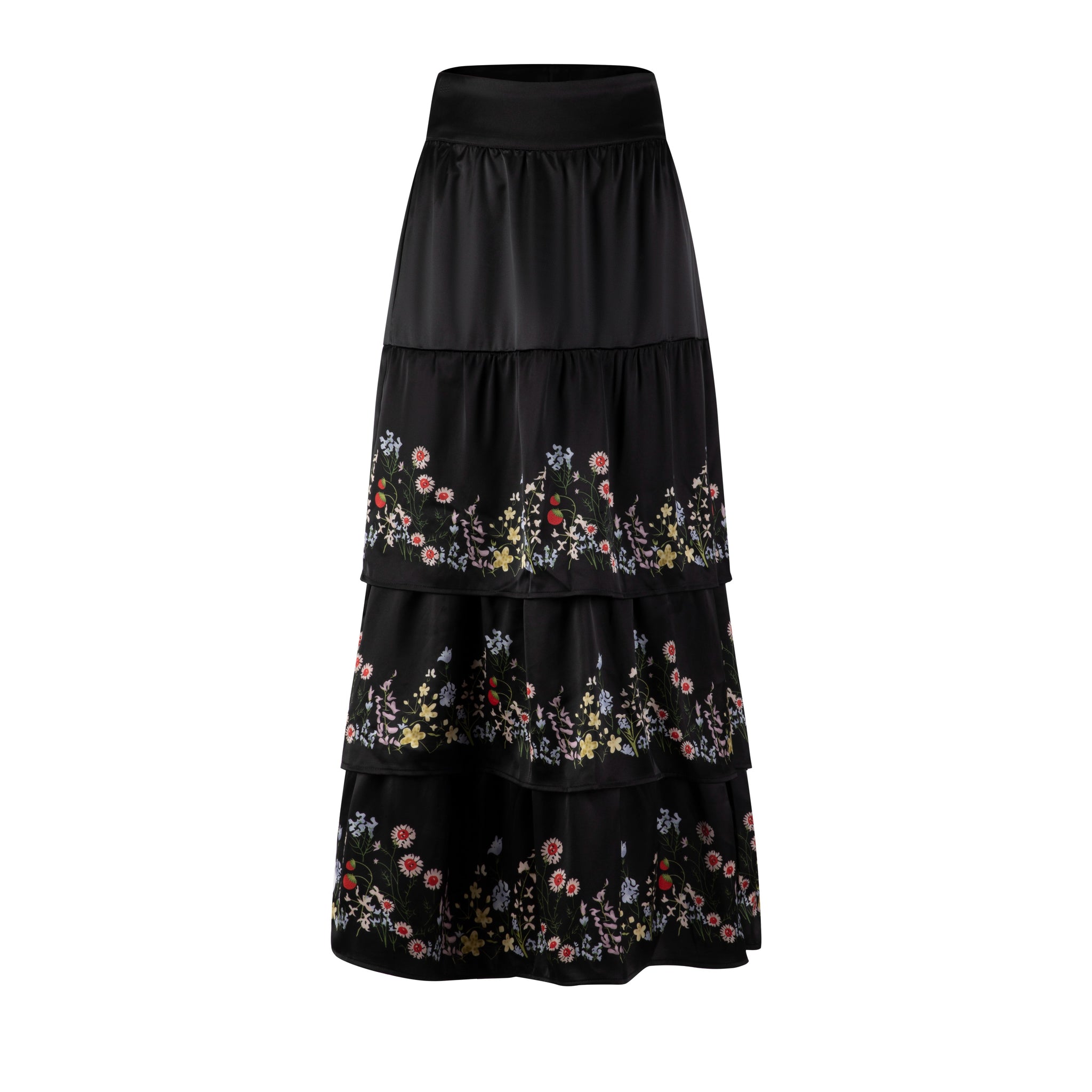 Black Layered Multi Colored Floral Printed Skirt