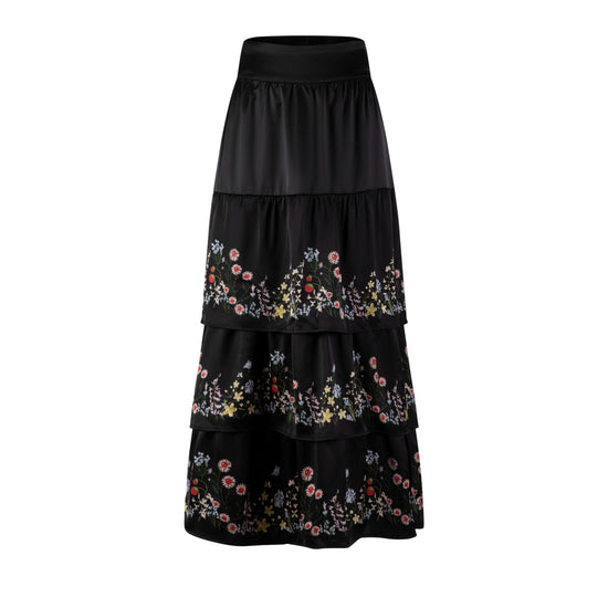 Black Layered Multi Colored Floral Printed Skirt
