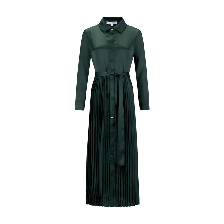Green Satin Pleated Dress
