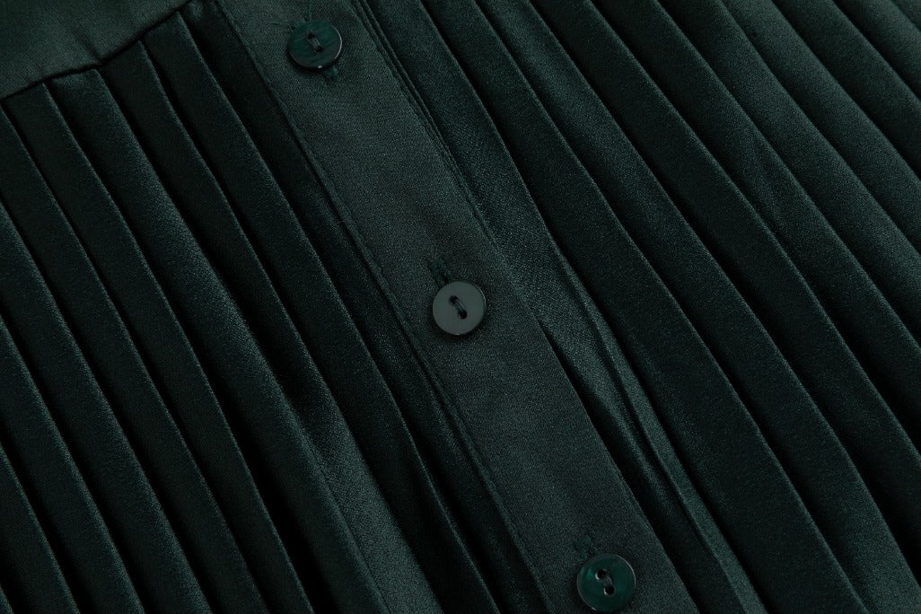 Green Satin Pleated Dress