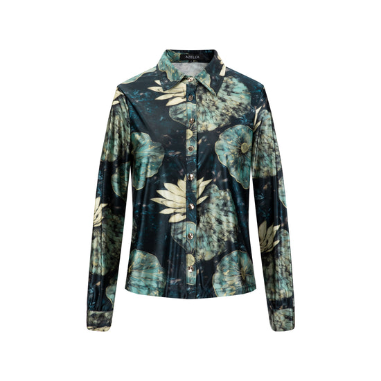 Blue Floral Scuba Stretch Mock Neck