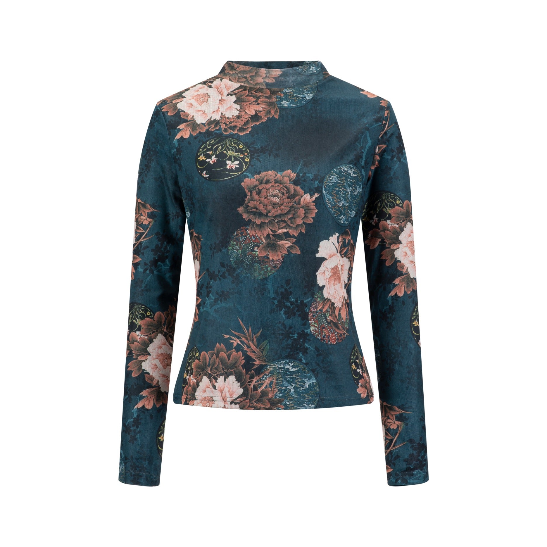 Blue Floral Printed Mock Neck Top
