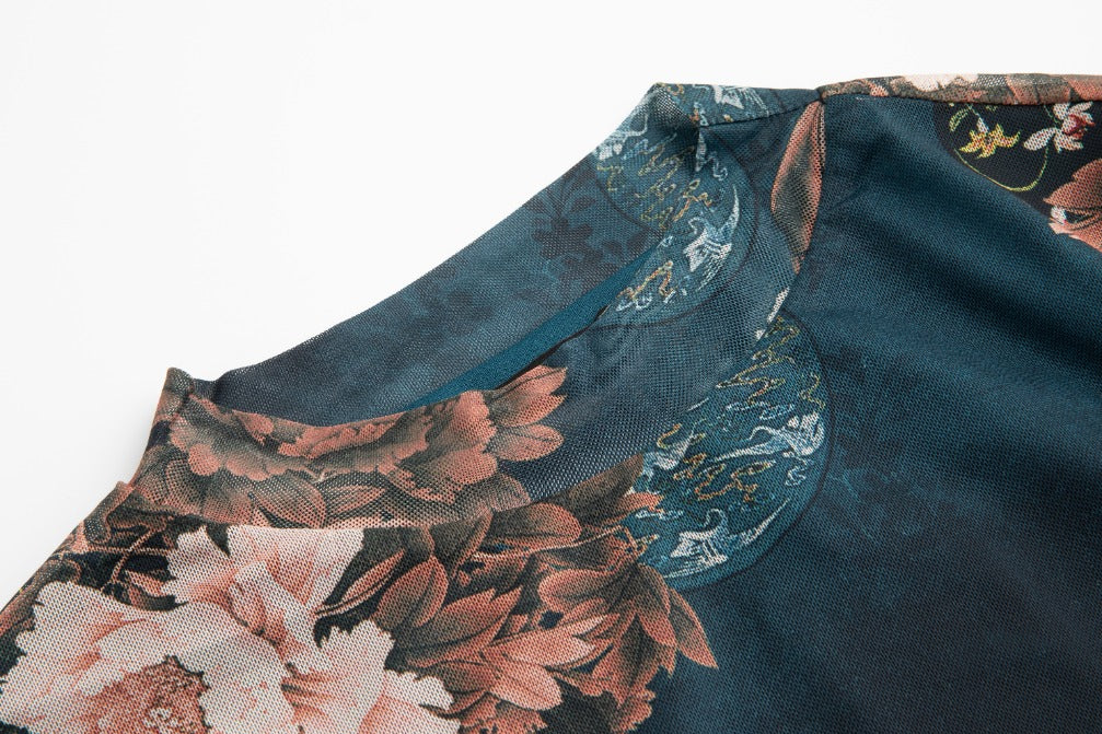 Blue Floral Printed Mock Neck Top