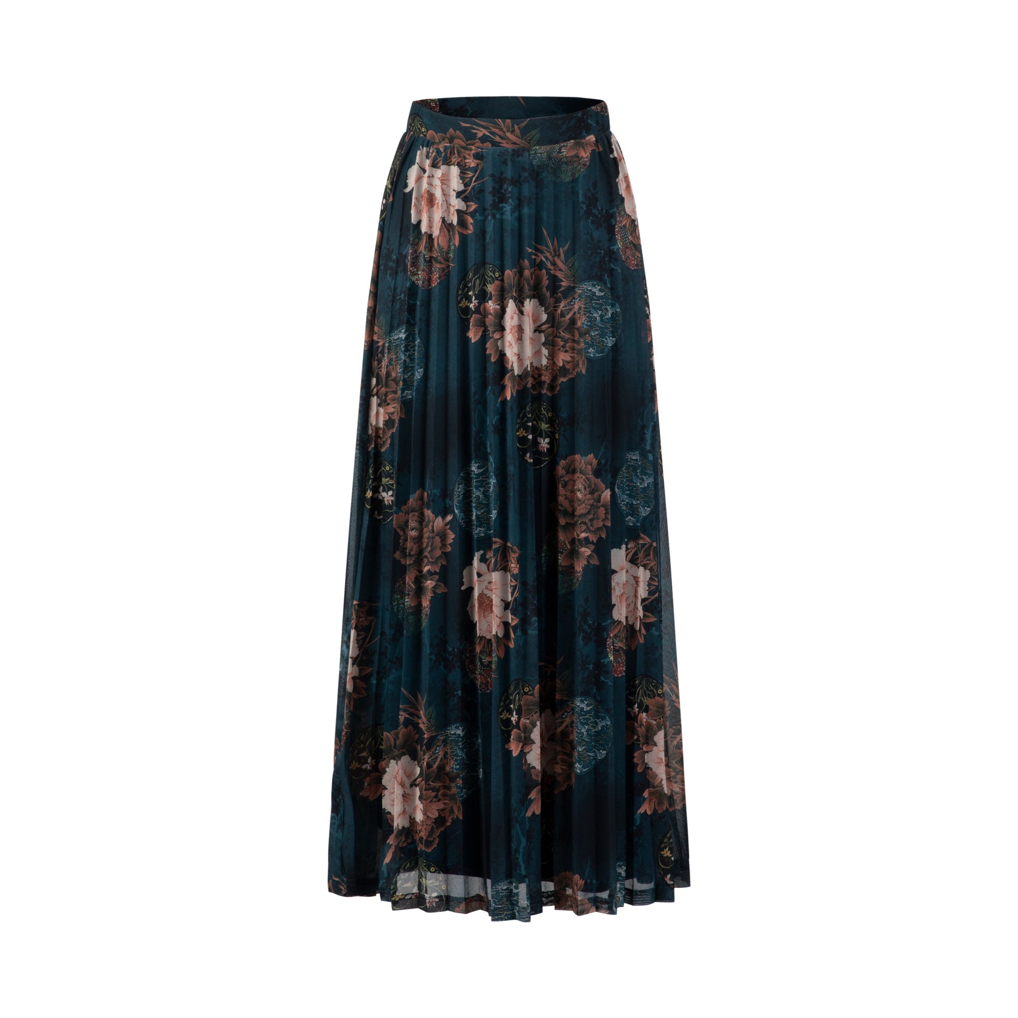 Blue Floral Printed Pleated Skirt