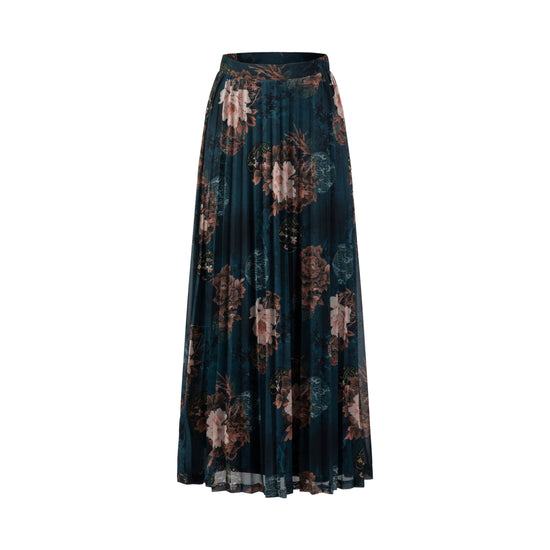 Blue Floral Printed Pleated Skirt