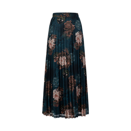 Blue Floral Printed Pleated Skirt