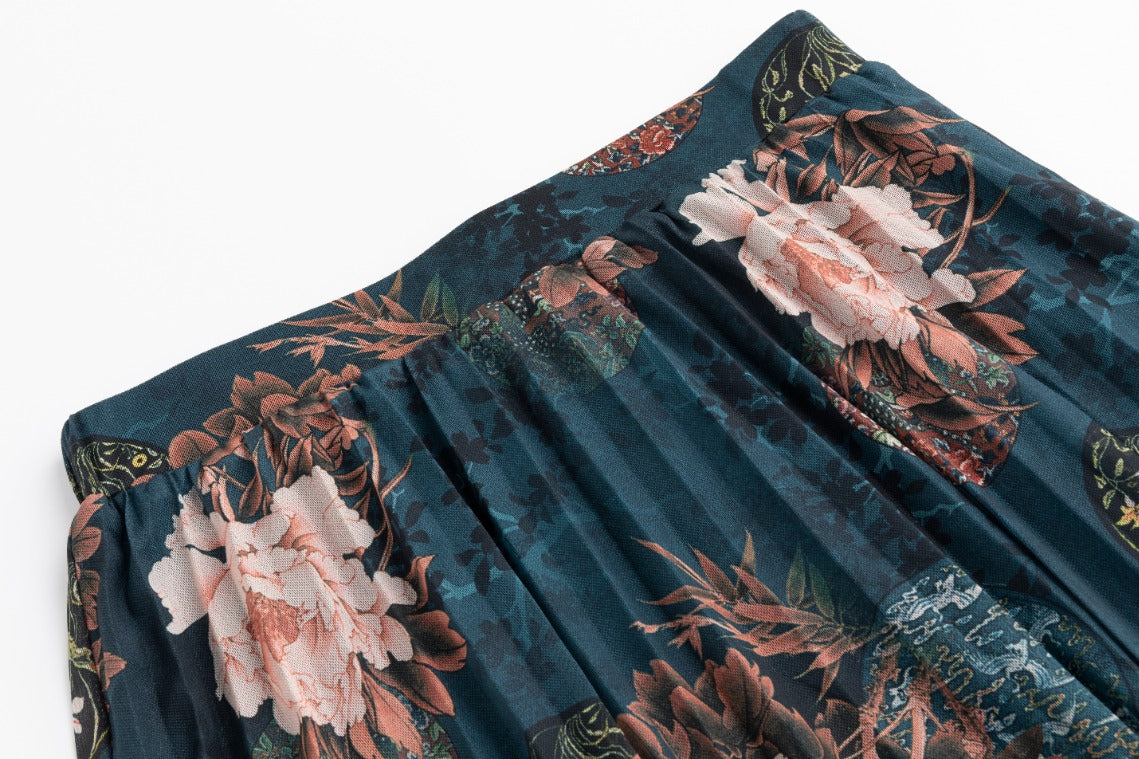 Blue Floral Printed Pleated Skirt